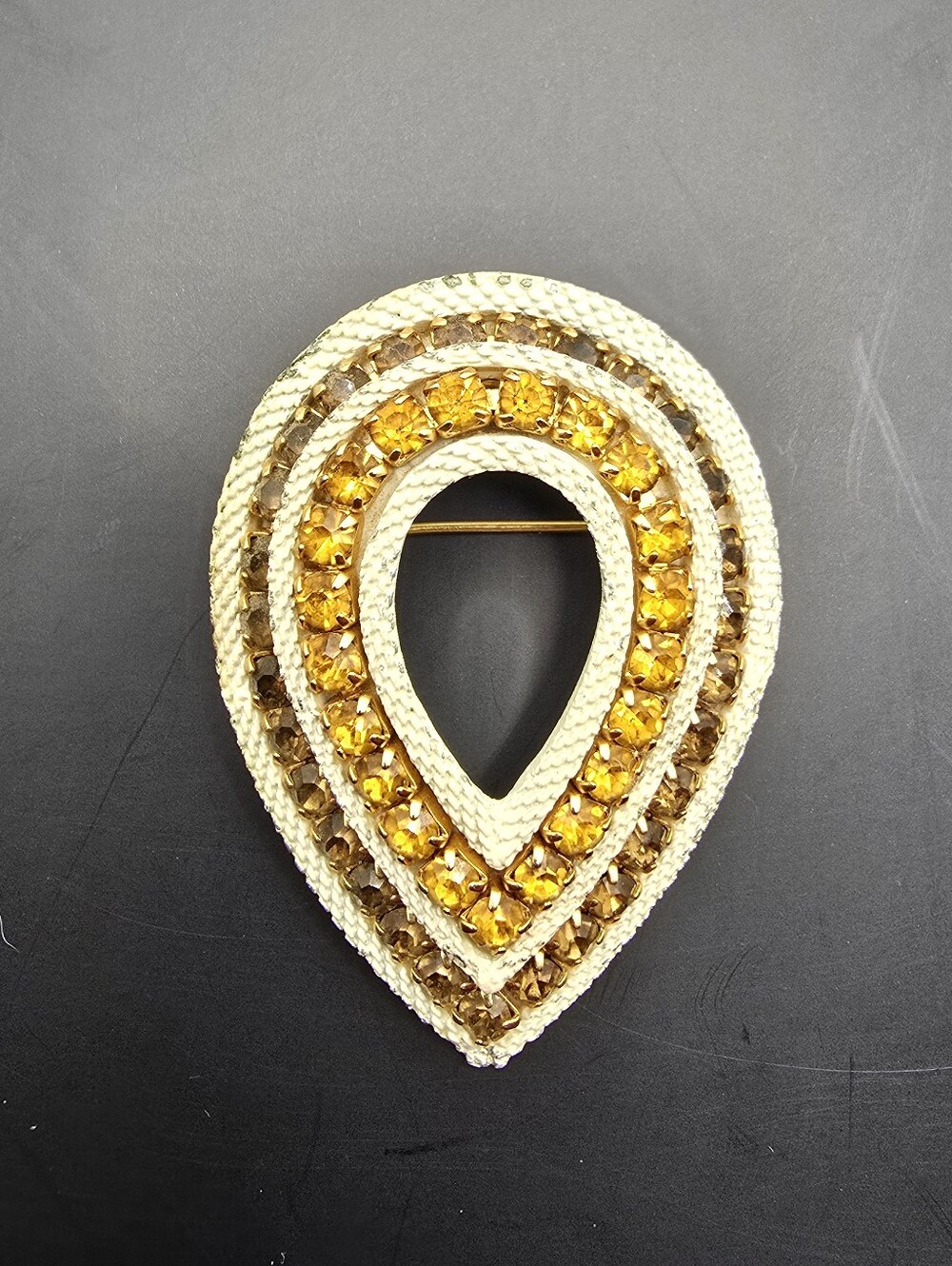 Vintage Cream Ceramic Teardrop Brooch with Amber Topaz Rhinestones